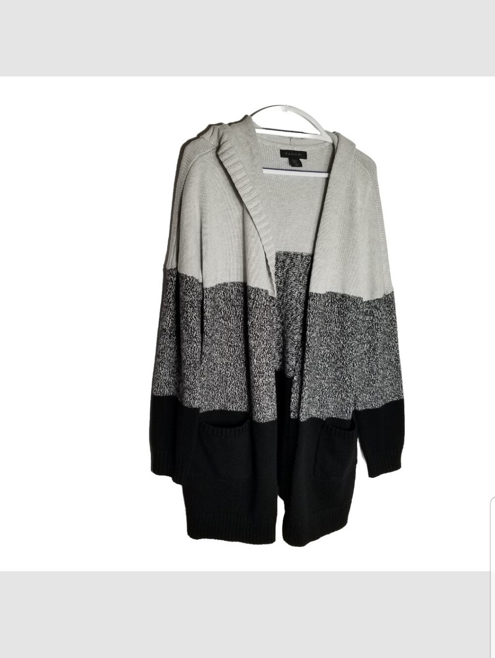 Tahari Knit Hooded Cardigan Sweater Womens XL Black Gray Open Front Cotton Blend